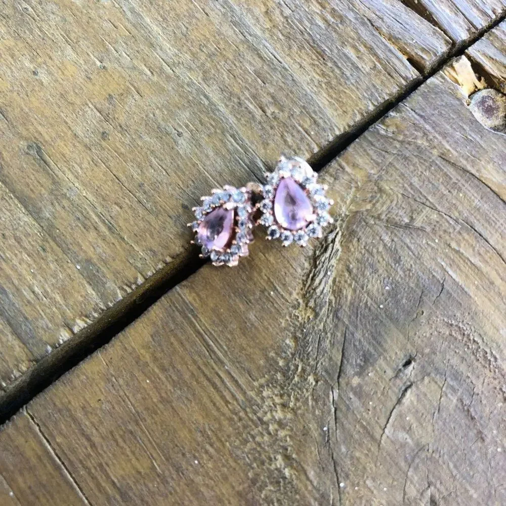 Pink and Diamond Stone Teardrop Stud Earrings